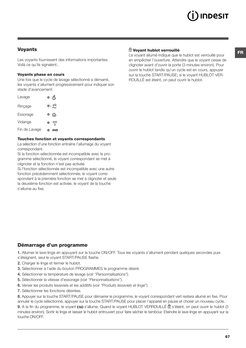 Voyants, Démarrage d’un programme | Indesit IWUD-41051-C-ECO-EU User Manual | Page 67 / 72