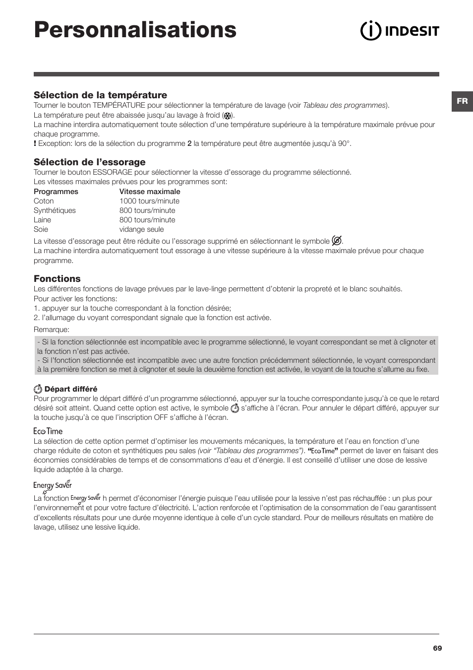 Personnalisations | Indesit IWUD-41051-C-ECO-EU User Manual | Page 69 / 72