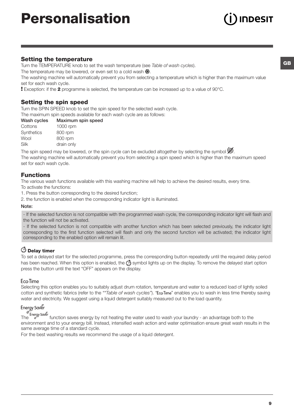 Personalisation | Indesit IWUD-41051-C-ECO-EU User Manual | Page 9 / 72