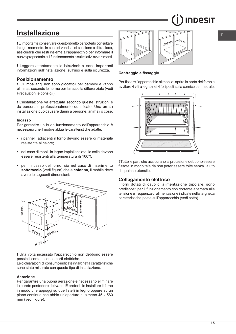 Installazione, Posizionamento, Collegamento elettrico | Indesit IF-88-K-GP.A-IX-S User Manual | Page 15 / 72