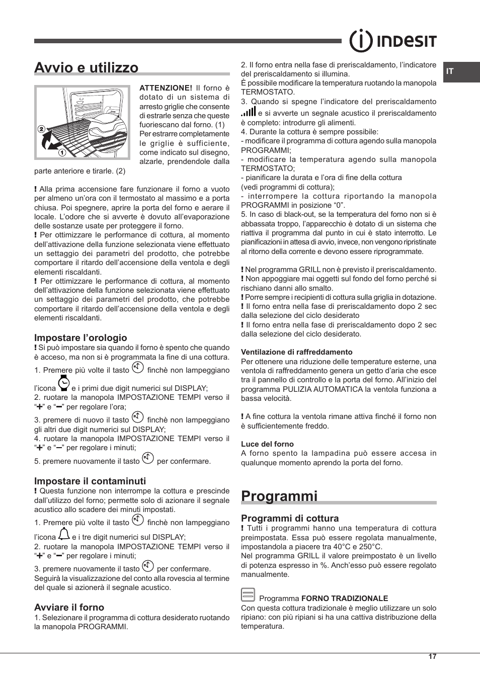 Avvio e utilizzo, Programmi, Impostare l’orologio | Impostare il contaminuti, Avviare il forno, Programmi di cottura | Indesit IF-88-K-GP.A-IX-S User Manual | Page 17 / 72