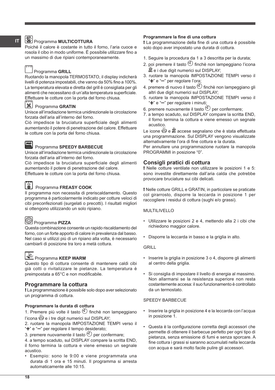 Programmare la cottura, Consigli pratici di cottura | Indesit IF-88-K-GP.A-IX-S User Manual | Page 18 / 72