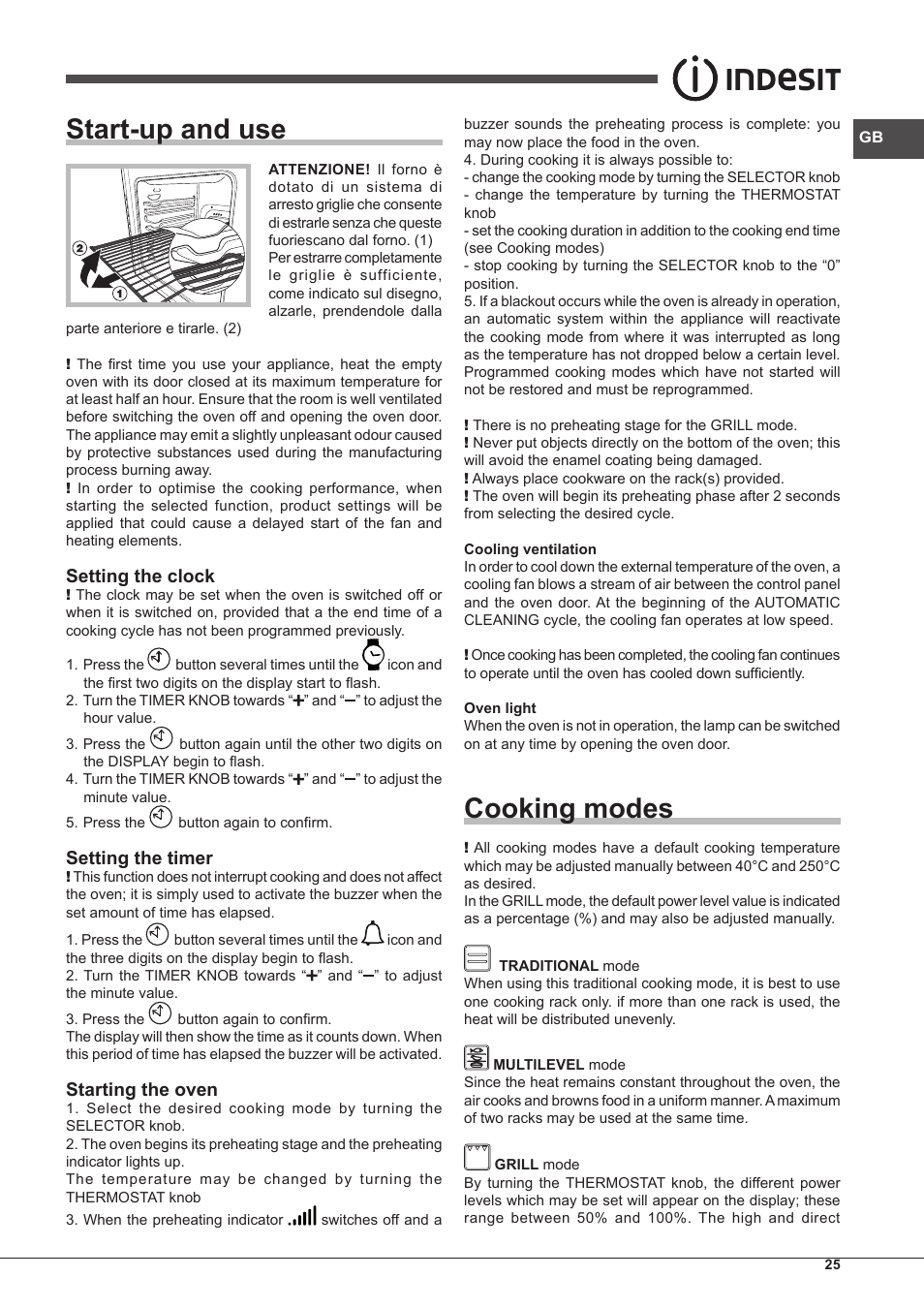 Start-up and use, Cooking modes, Setting the clock | Setting the timer, Starting the oven | Indesit IF-88-K-GP.A-IX-S User Manual | Page 25 / 72