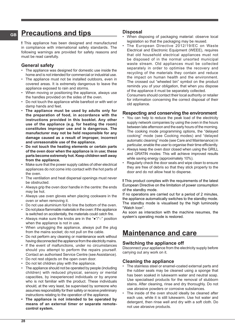 Precautions and tips, Maintenance and care, General safety | Disposal, Respecting and conserving the environment, Switching the appliance off, Cleaning the appliance | Indesit IF-88-K-GP.A-IX-S User Manual | Page 28 / 72