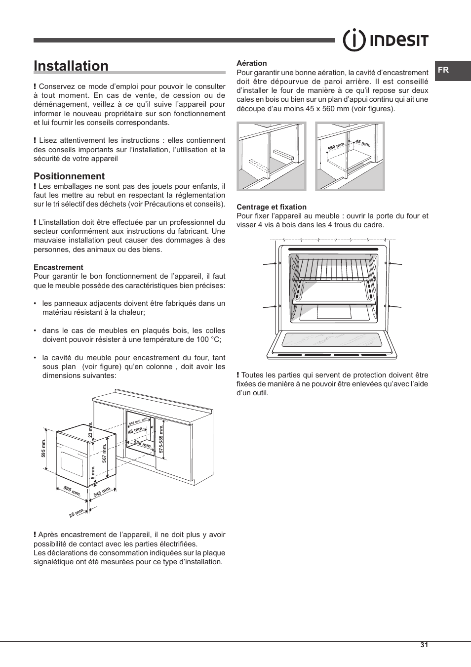 Installation, Positionnement | Indesit IF-88-K-GP.A-IX-S User Manual | Page 31 / 72