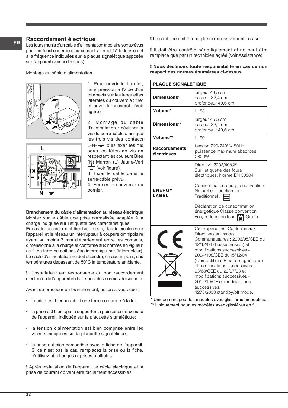 Raccordement électrique | Indesit IF-88-K-GP.A-IX-S User Manual | Page 32 / 72