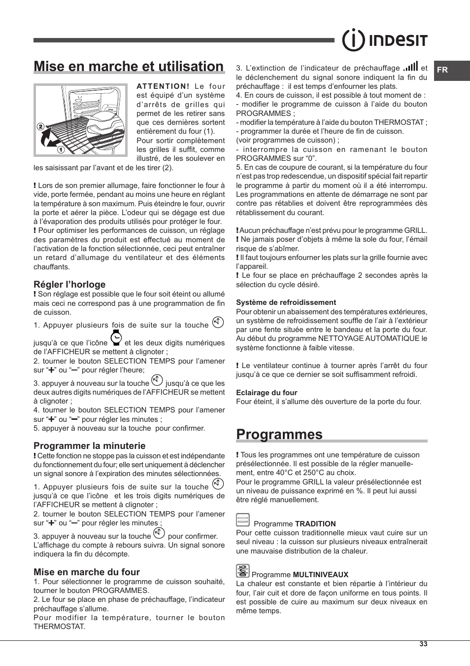 Mise en marche et utilisation, Programmes, Régler l’horloge | Programmer la minuterie, Mise en marche du four | Indesit IF-88-K-GP.A-IX-S User Manual | Page 33 / 72