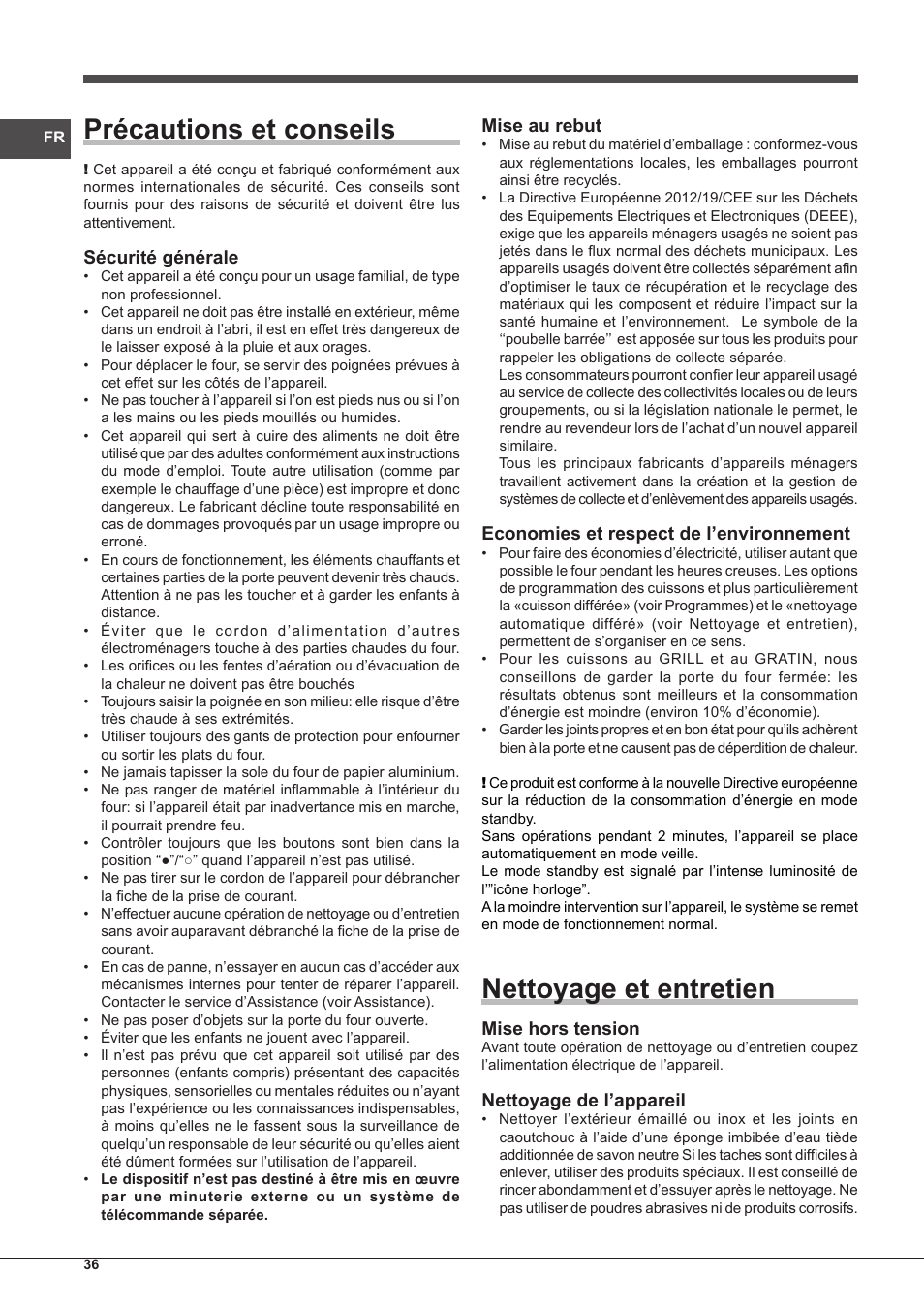 Précautions et conseils, Nettoyage et entretien, Sécurité générale | Mise au rebut, Economies et respect de l’environnement, Mise hors tension, Nettoyage de l’appareil | Indesit IF-88-K-GP.A-IX-S User Manual | Page 36 / 72