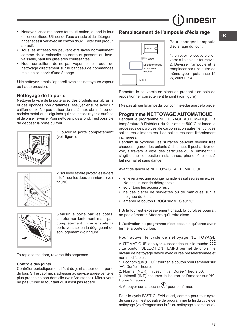 Nettoyage de la porte, Remplacement de l’ampoule d’éclairage, Programme nettoyage automatique | Indesit IF-88-K-GP.A-IX-S User Manual | Page 37 / 72