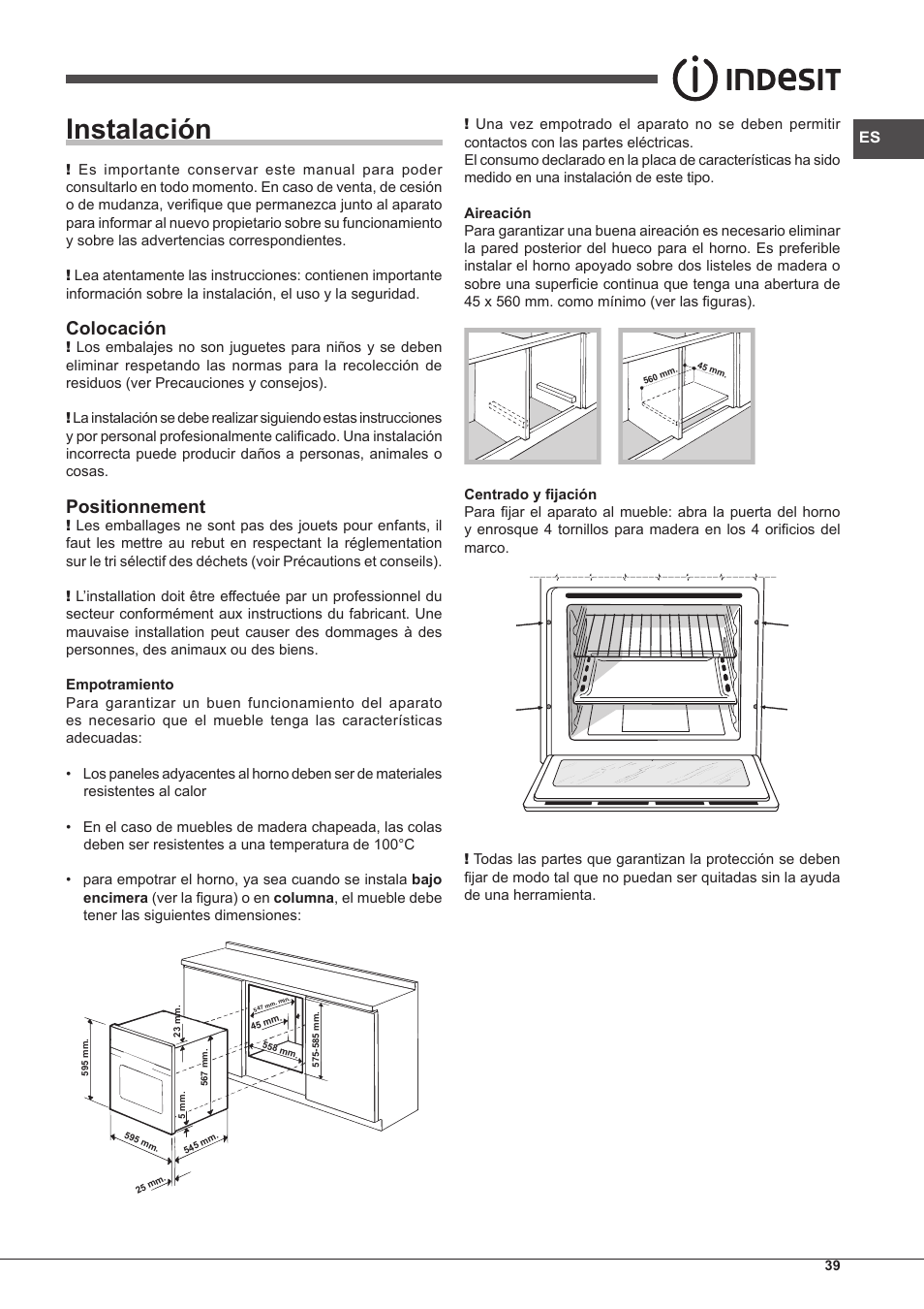 Instalación, Colocación, Positionnement | Indesit IF-88-K-GP.A-IX-S User Manual | Page 39 / 72
