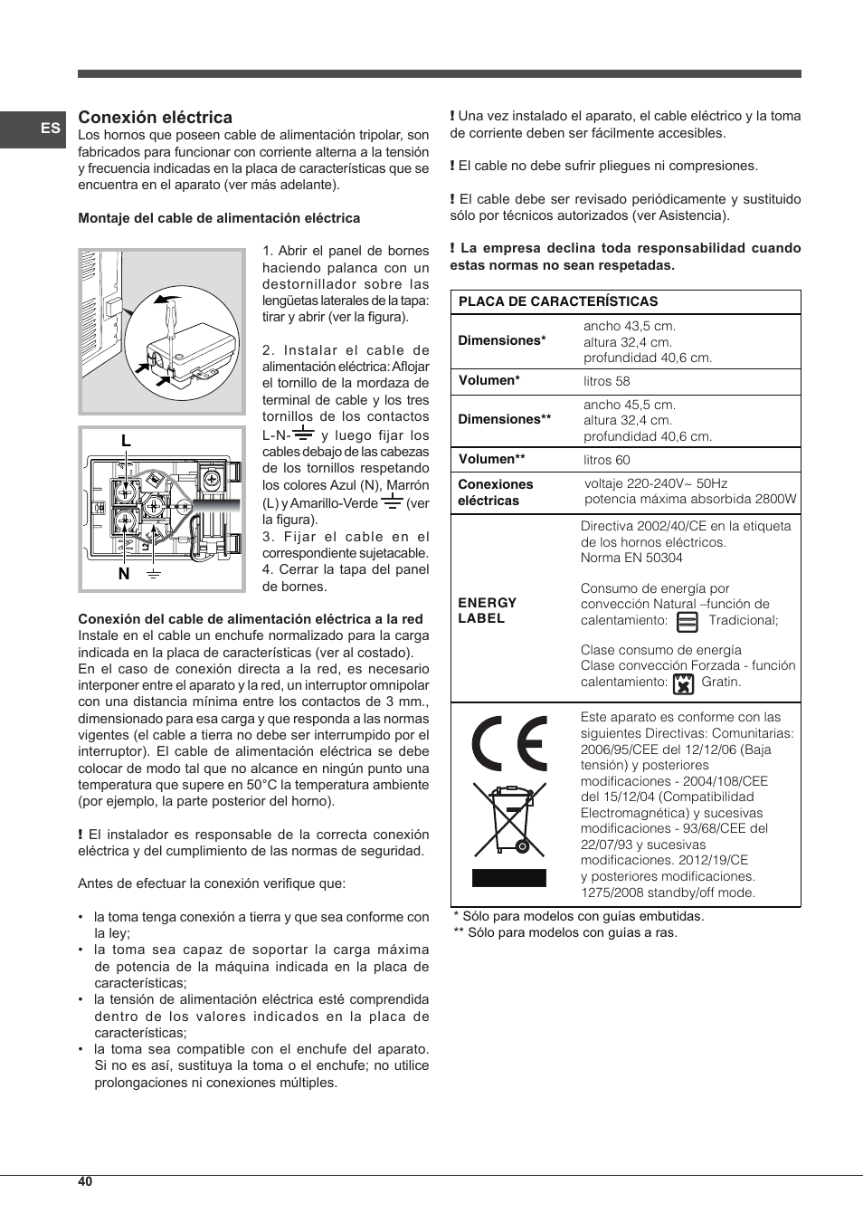 Conexión eléctrica | Indesit IF-88-K-GP.A-IX-S User Manual | Page 40 / 72