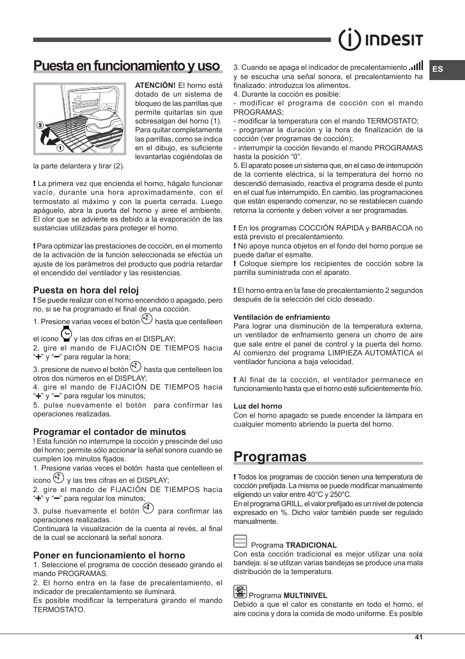 Puesta en funcionamiento y uso, Programas, Puesta en hora del reloj | Programar el contador de minutos, Poner en funcionamiento el horno | Indesit IF-88-K-GP.A-IX-S User Manual | Page 41 / 72