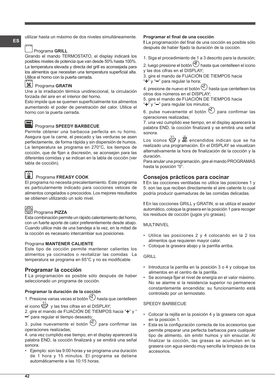 Programar la cocción, Consejos prácticos para cocinar | Indesit IF-88-K-GP.A-IX-S User Manual | Page 42 / 72