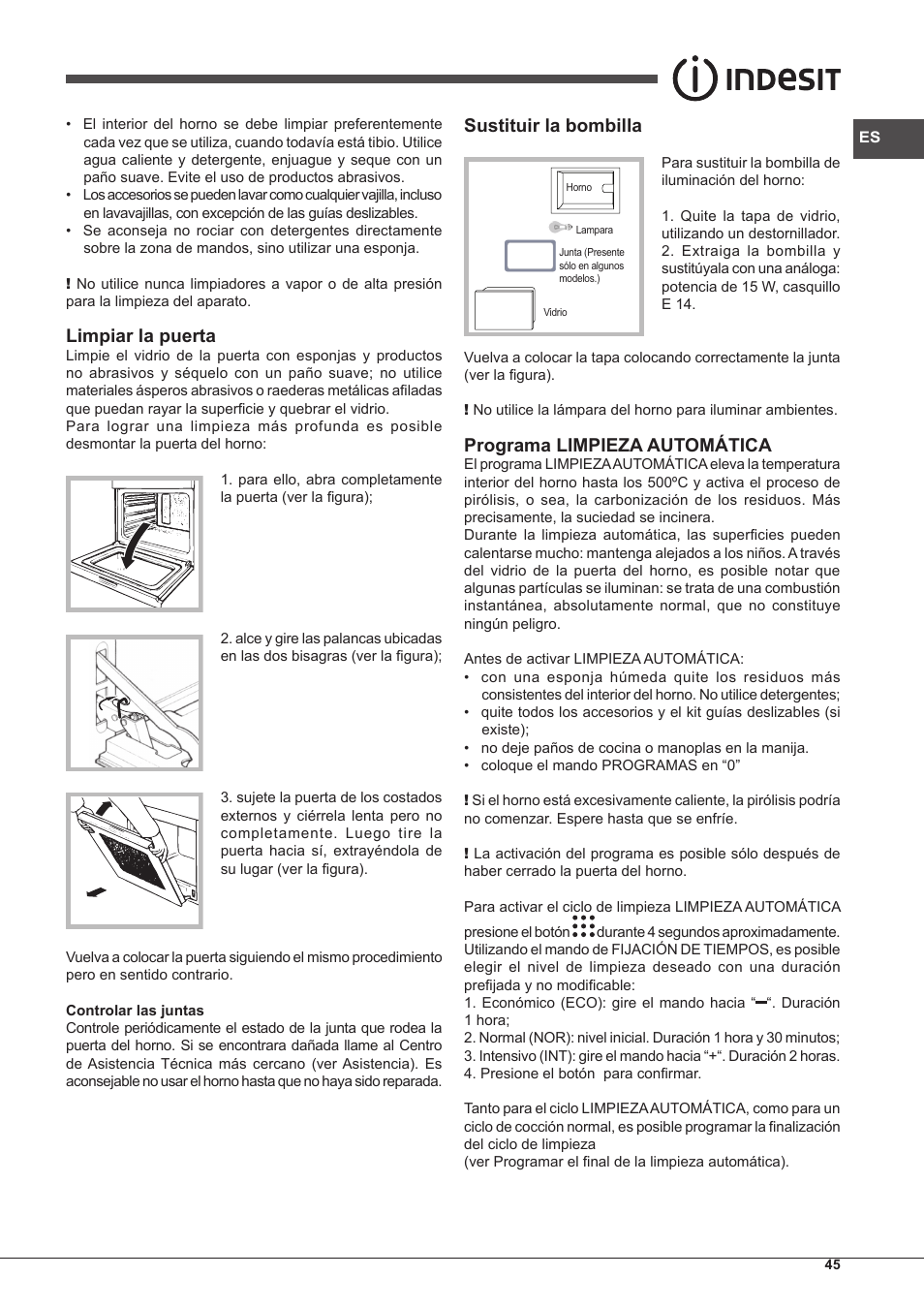 Limpiar la puerta, Sustituir la bombilla, Programa limpieza automática | Indesit IF-88-K-GP.A-IX-S User Manual | Page 45 / 72