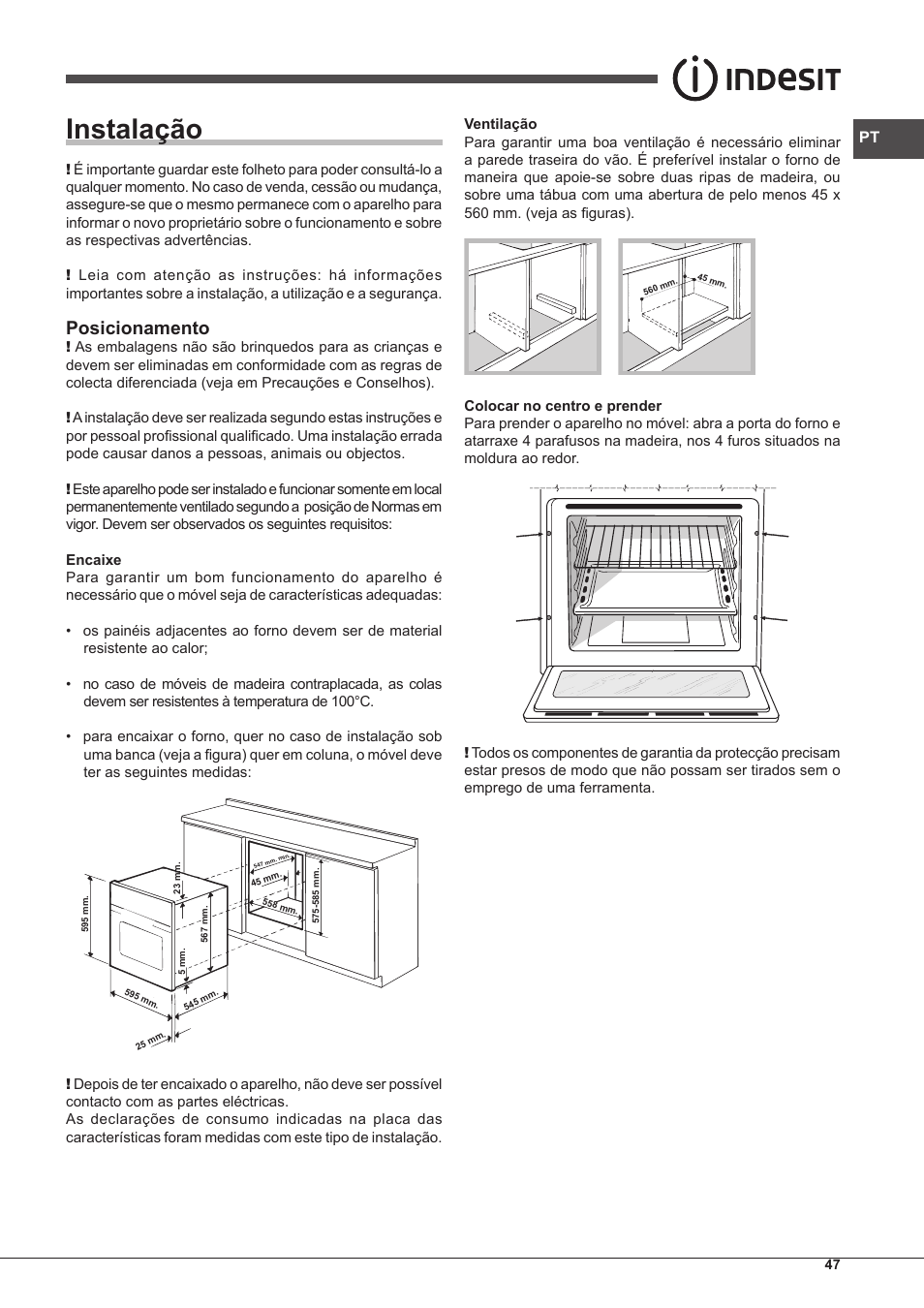Instalação, Posicionamento | Indesit IF-88-K-GP.A-IX-S User Manual | Page 47 / 72