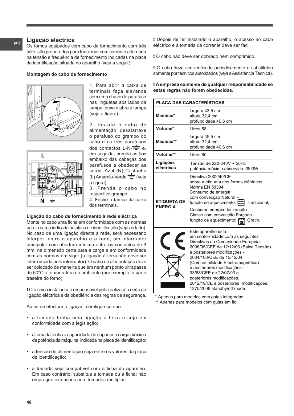 Ligação eléctrica | Indesit IF-88-K-GP.A-IX-S User Manual | Page 48 / 72