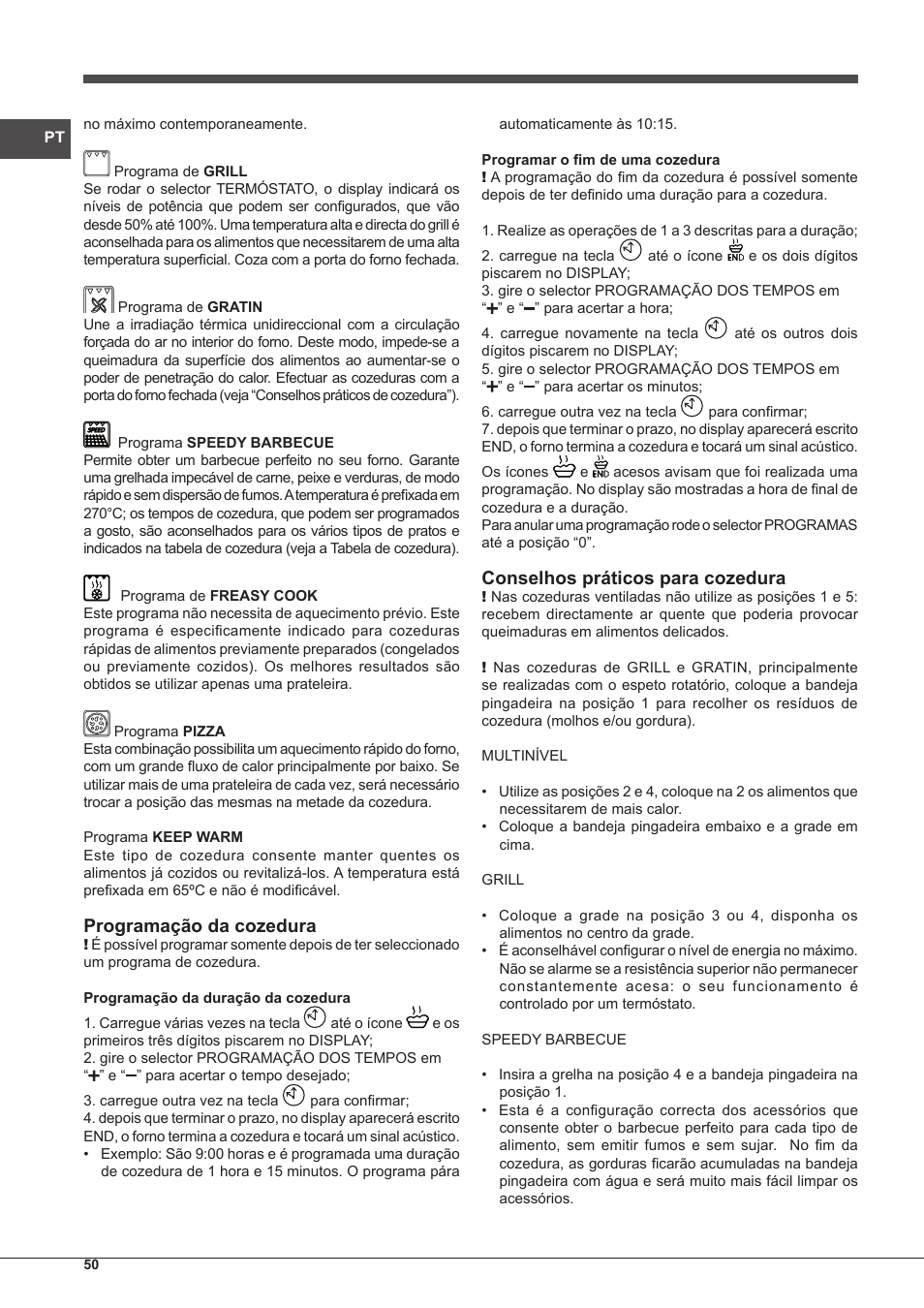 Programação da cozedura, Conselhos práticos para cozedura | Indesit IF-88-K-GP.A-IX-S User Manual | Page 50 / 72