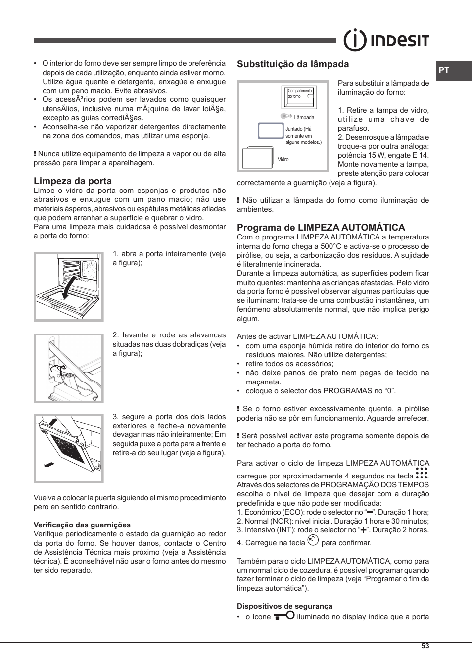 Limpeza da porta, Substituição da lâmpada, Programa de limpeza automática | Indesit IF-88-K-GP.A-IX-S User Manual | Page 53 / 72