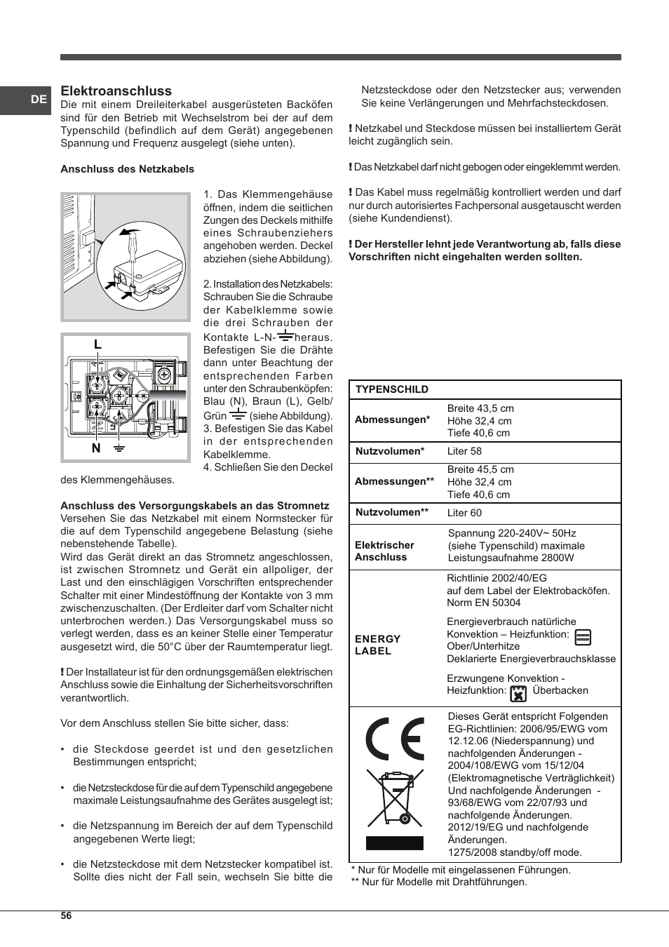 Elektroanschluss | Indesit IF-88-K-GP.A-IX-S User Manual | Page 56 / 72