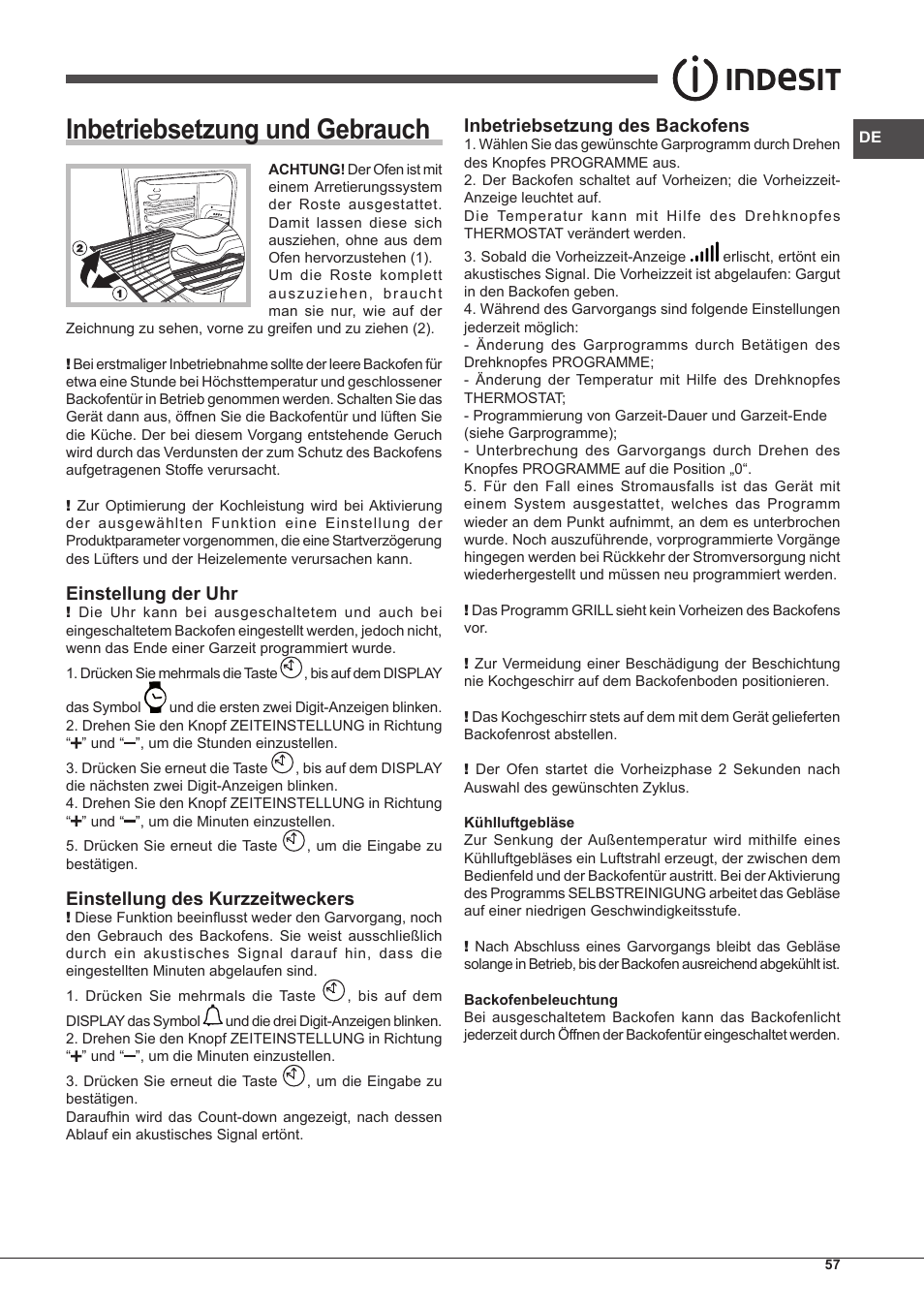 Inbetriebsetzung und gebrauch, Einstellung der uhr, Einstellung des kurzzeitweckers | Inbetriebsetzung des backofens | Indesit IF-88-K-GP.A-IX-S User Manual | Page 57 / 72