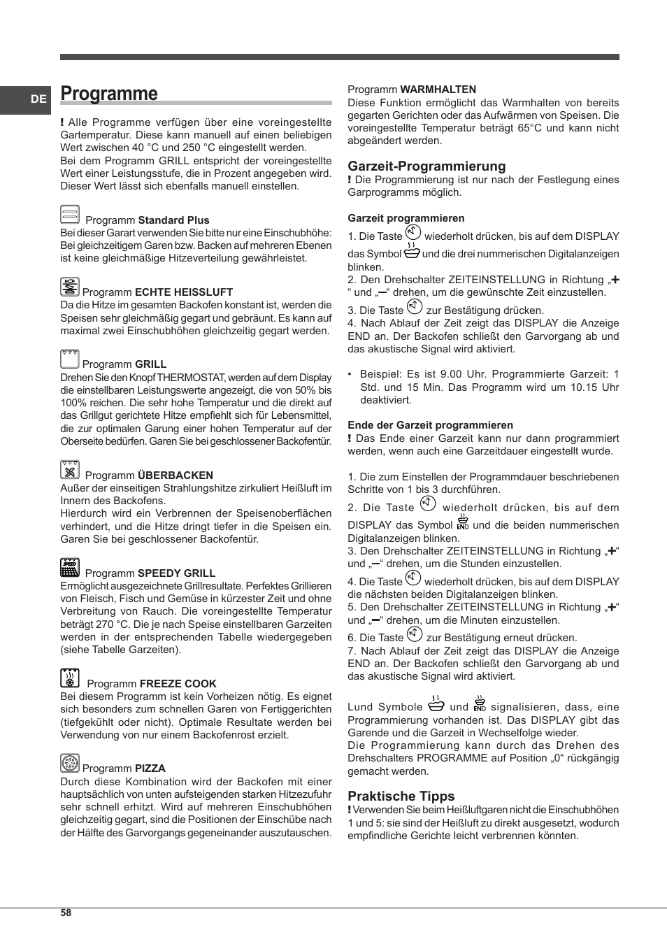 Programme, Garzeit-programmierung, Praktische tipps | Indesit IF-88-K-GP.A-IX-S User Manual | Page 58 / 72