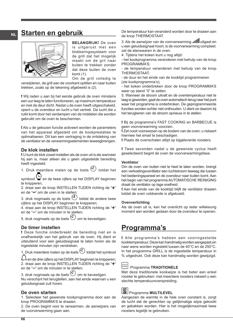 Starten en gebruik, Programma’s, De klok instellen | De timer instellen, De oven starten | Indesit IF-88-K-GP.A-IX-S User Manual | Page 66 / 72