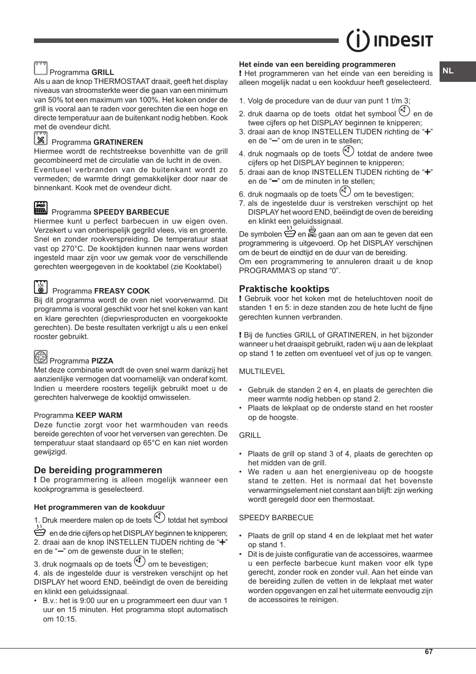 De bereiding programmeren, Praktische kooktips | Indesit IF-88-K-GP.A-IX-S User Manual | Page 67 / 72