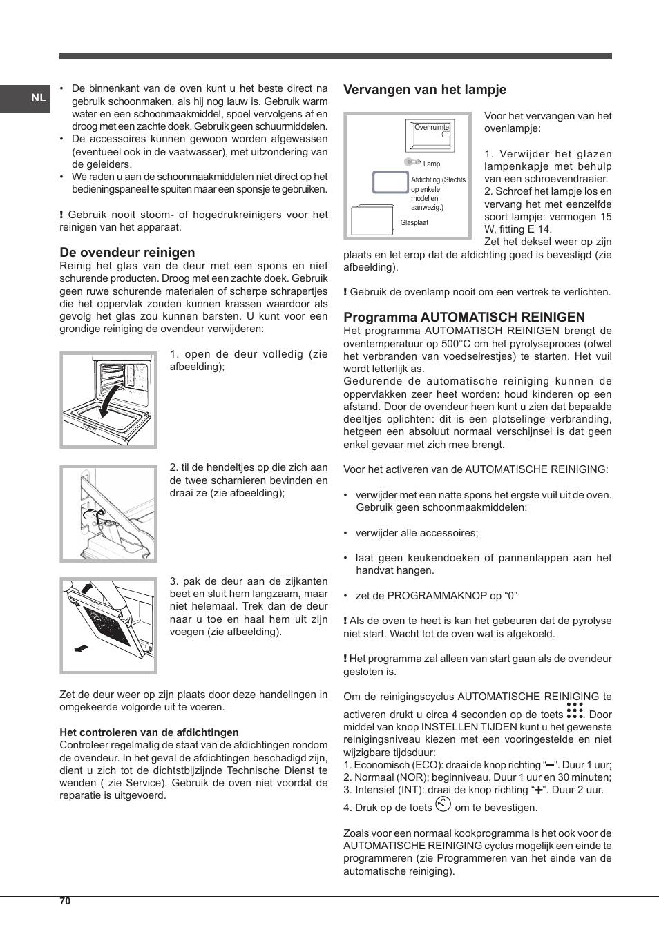 De ovendeur reinigen, Vervangen van het lampje, Programma automatisch reinigen | Indesit IF-88-K-GP.A-IX-S User Manual | Page 70 / 72