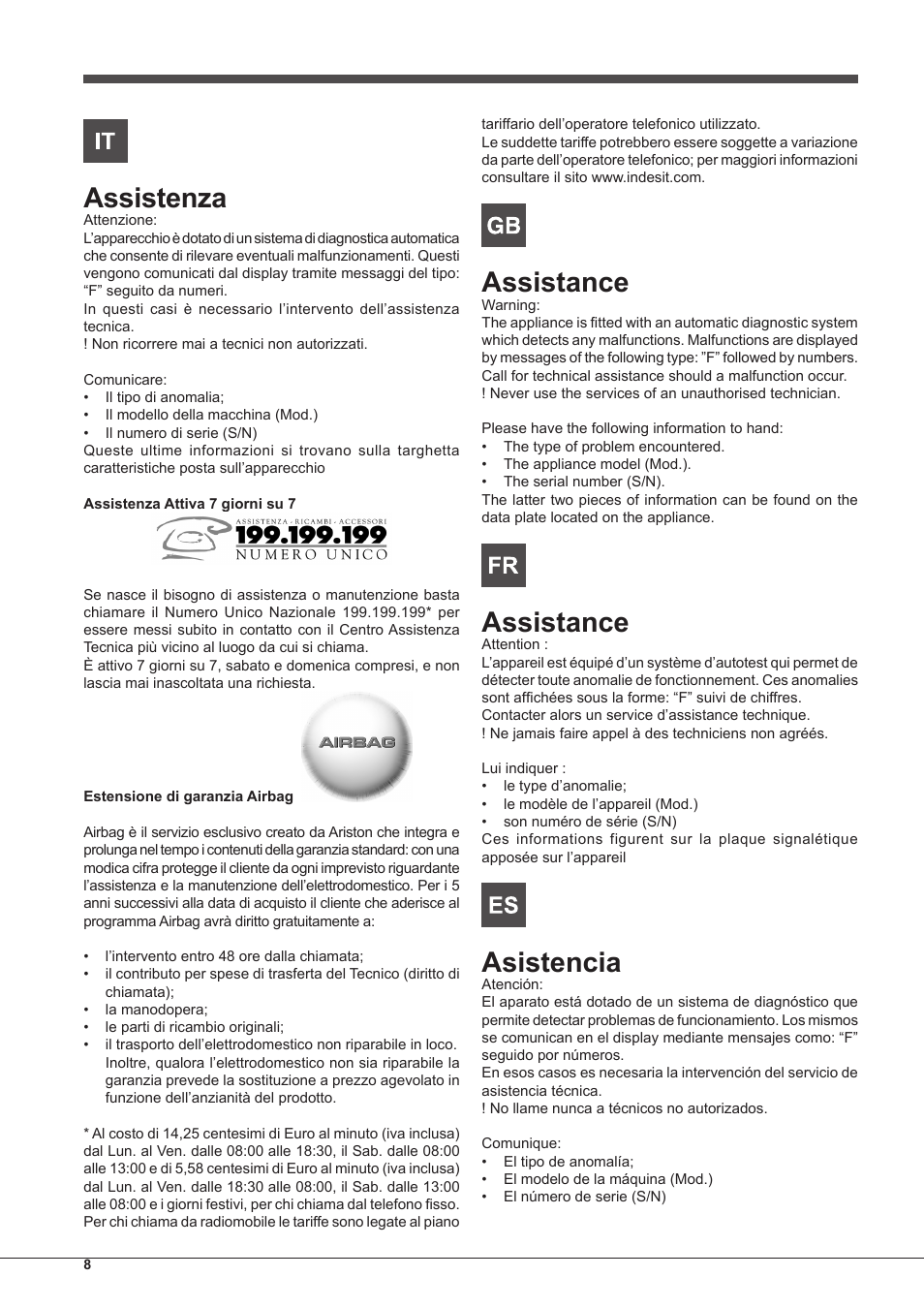 Assistenza, Assistance, Asistencia | Indesit IF-88-K-GP.A-IX-S User Manual | Page 8 / 72