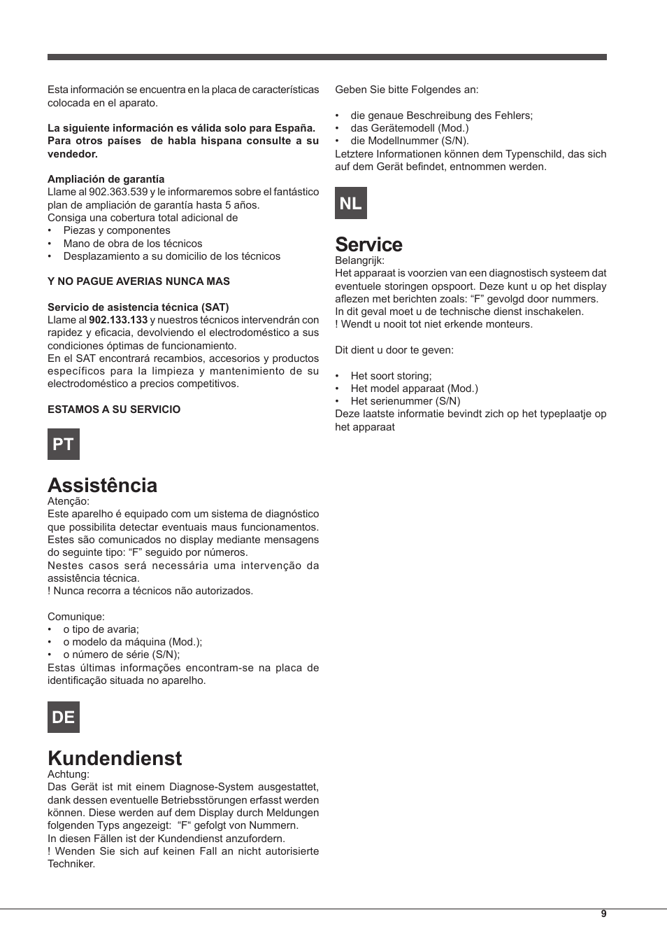 Assistência, Kundendienst, Service | Indesit IF-88-K-GP.A-IX-S User Manual | Page 9 / 72