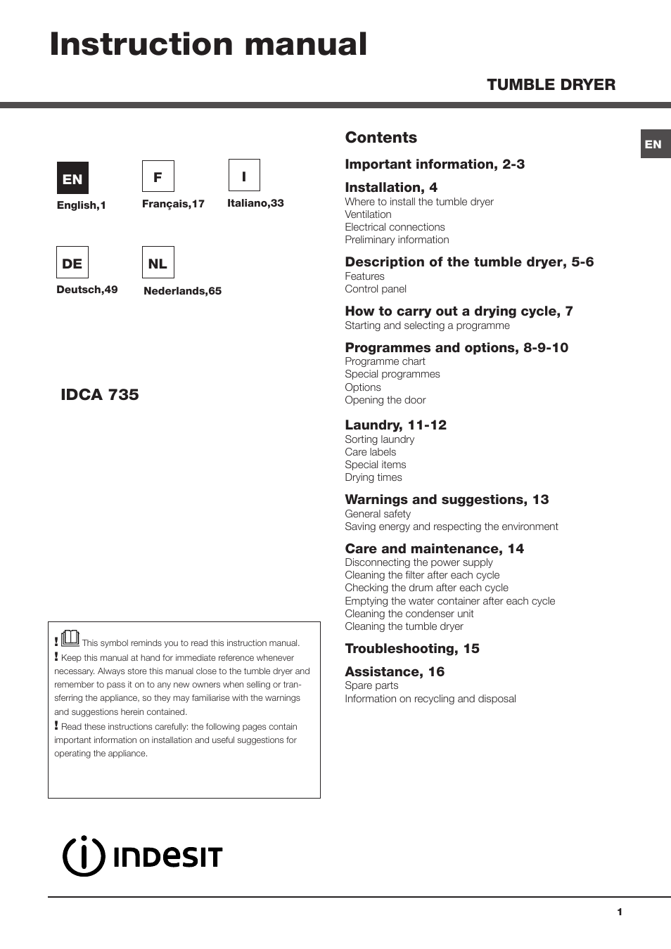 Indesit IDCA-735-B-(EU) User Manual | 80 pages