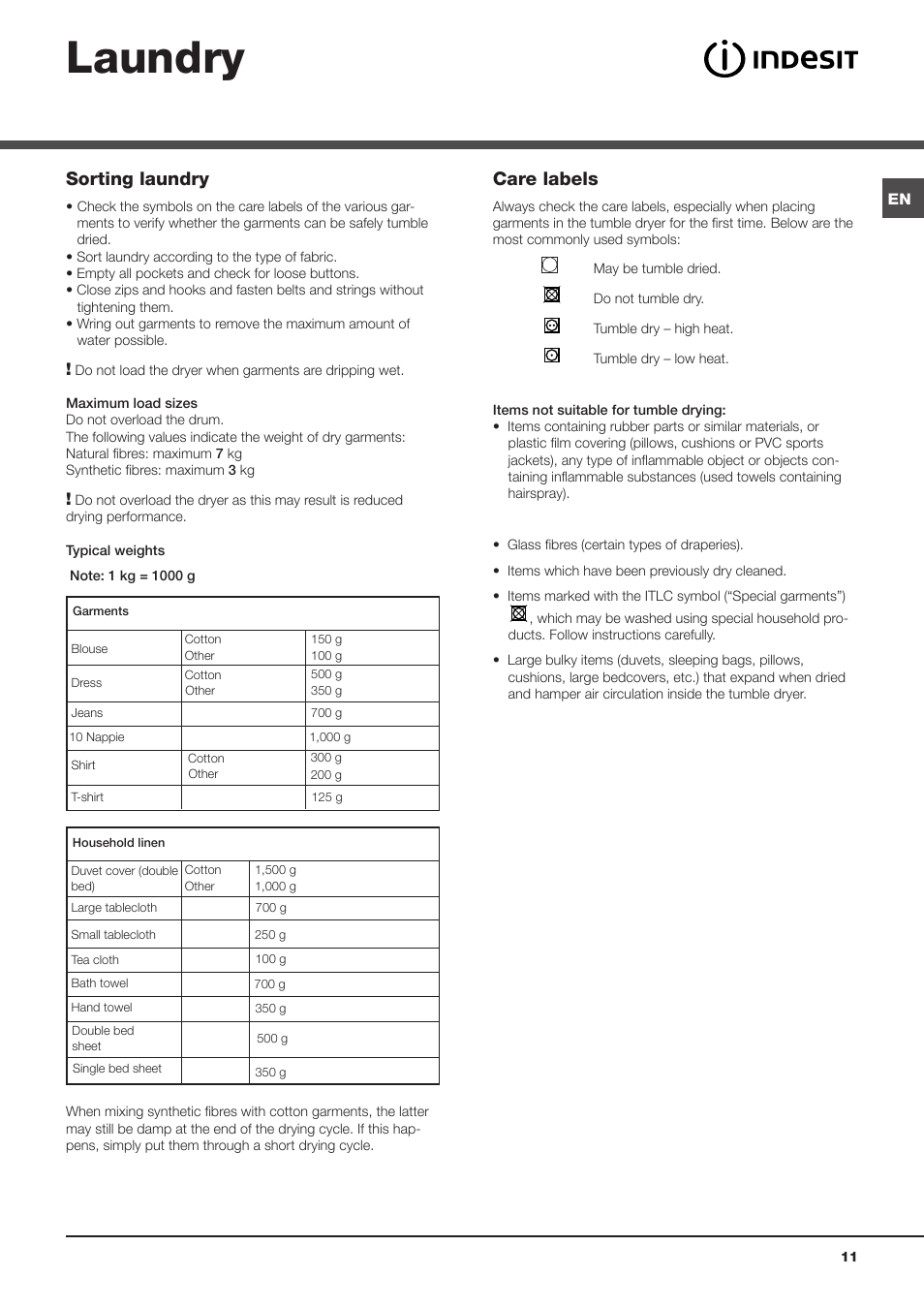 Laundry, Sorting laundry, Care labels | Indesit IDCA-735-B-(EU) User Manual | Page 11 / 80