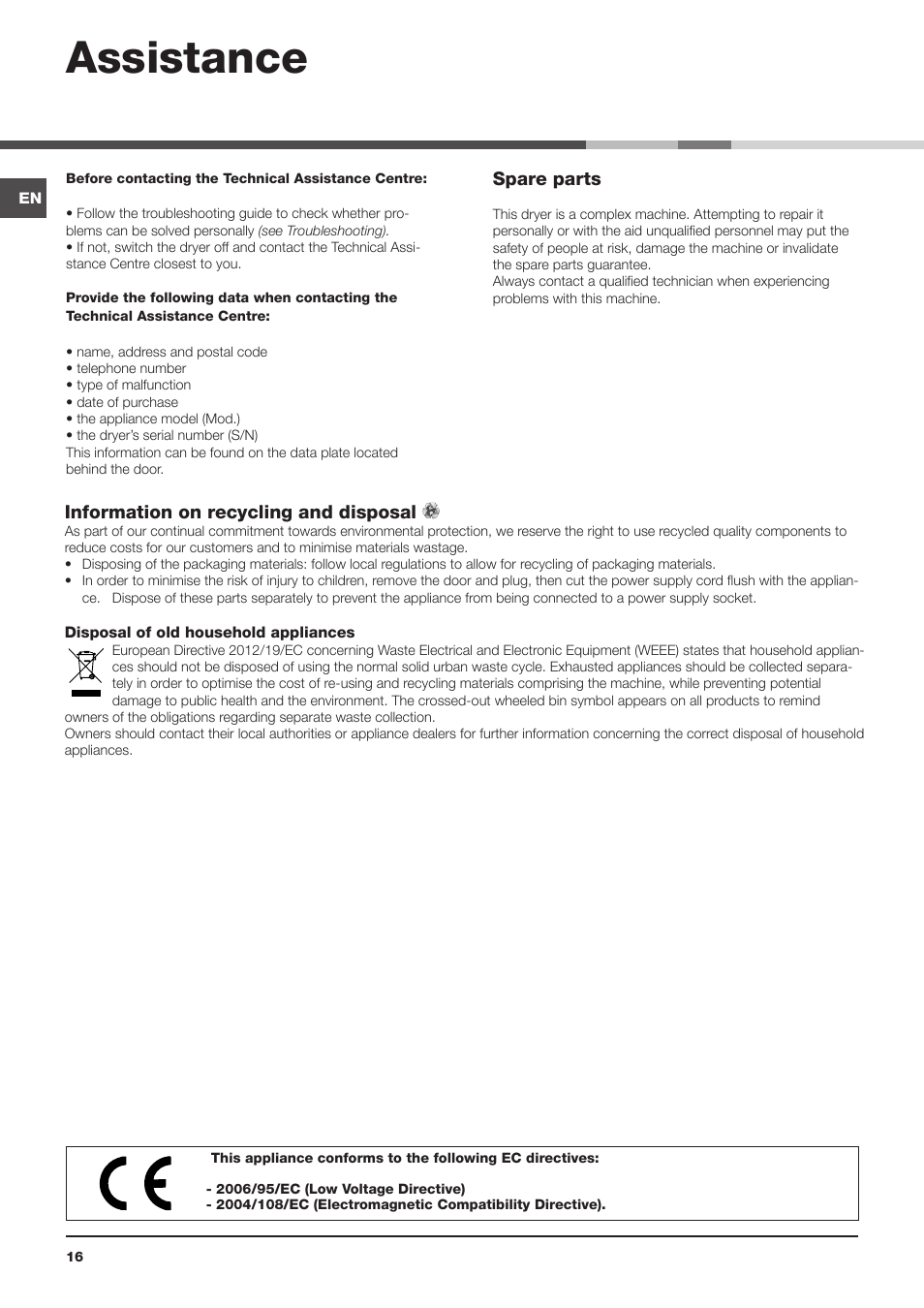 Assistance | Indesit IDCA-735-B-(EU) User Manual | Page 16 / 80