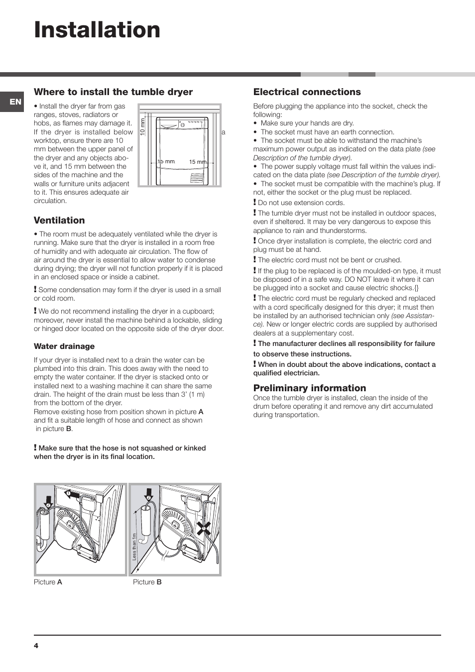 Installation, Where to install the tumble dryer, Ventilation | Electrical connections, Preliminary information | Indesit IDCA-735-B-(EU) User Manual | Page 4 / 80