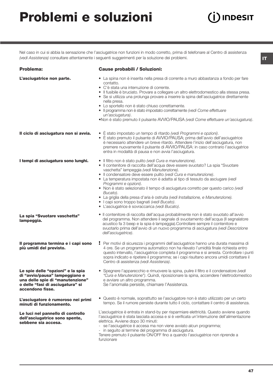 Problemi e soluzioni | Indesit IDCA-735-B-(EU) User Manual | Page 47 / 80