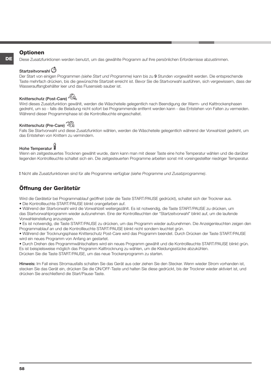 Optionen, Öffnung der gerätetür | Indesit IDCA-735-B-(EU) User Manual | Page 58 / 80