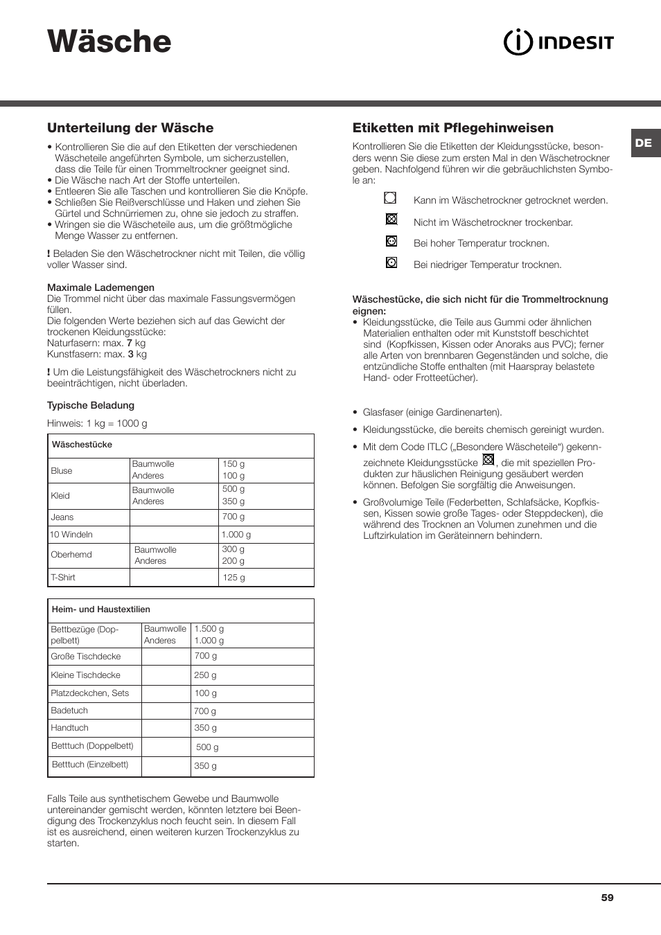 Wäsche, Unterteilung der wäsche, Etiketten mit pflegehinweisen | Indesit IDCA-735-B-(EU) User Manual | Page 59 / 80