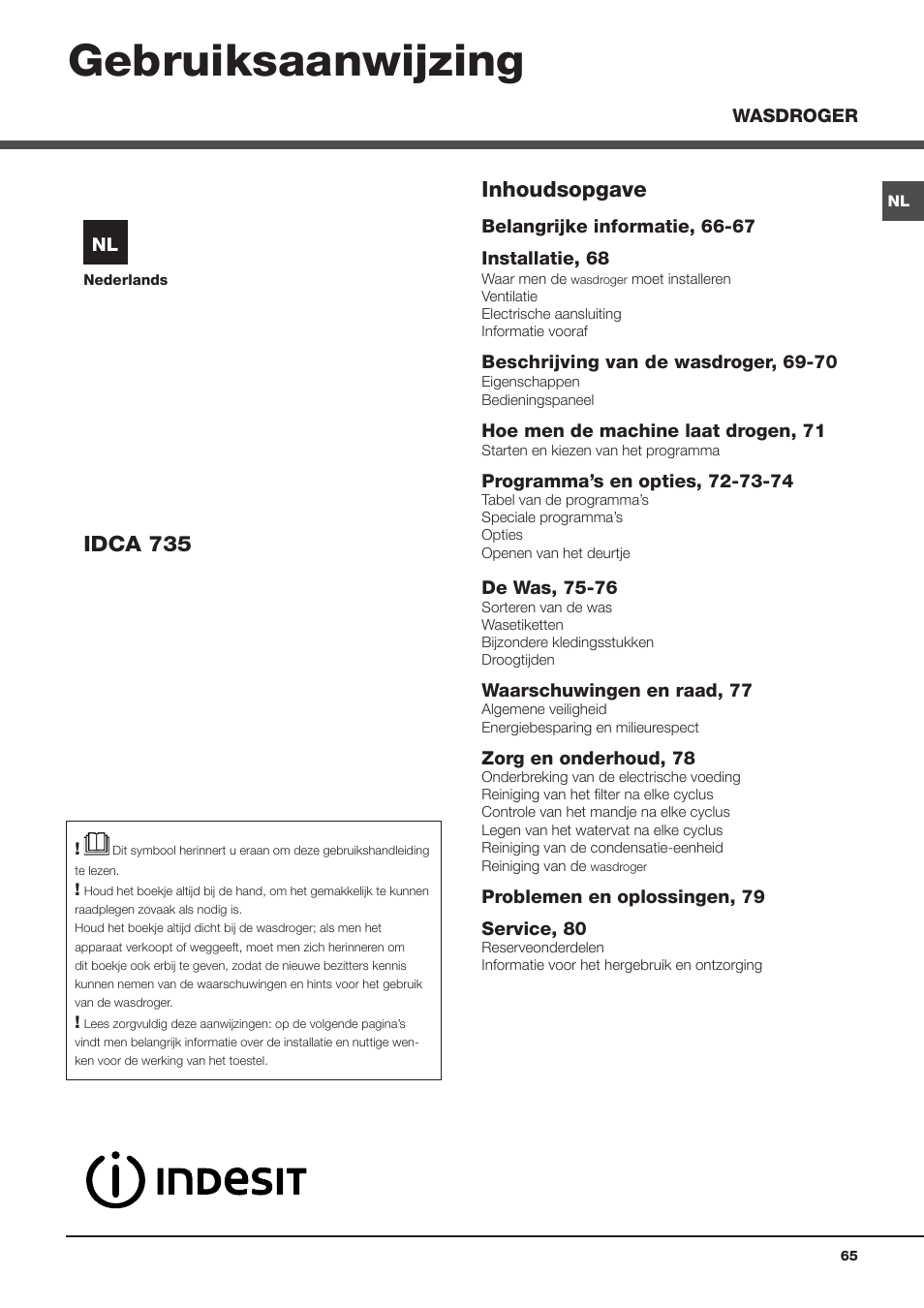 Gebruiksaanwijzing, Inhoudsopgave, Idca 735 | Indesit IDCA-735-B-(EU) User Manual | Page 65 / 80