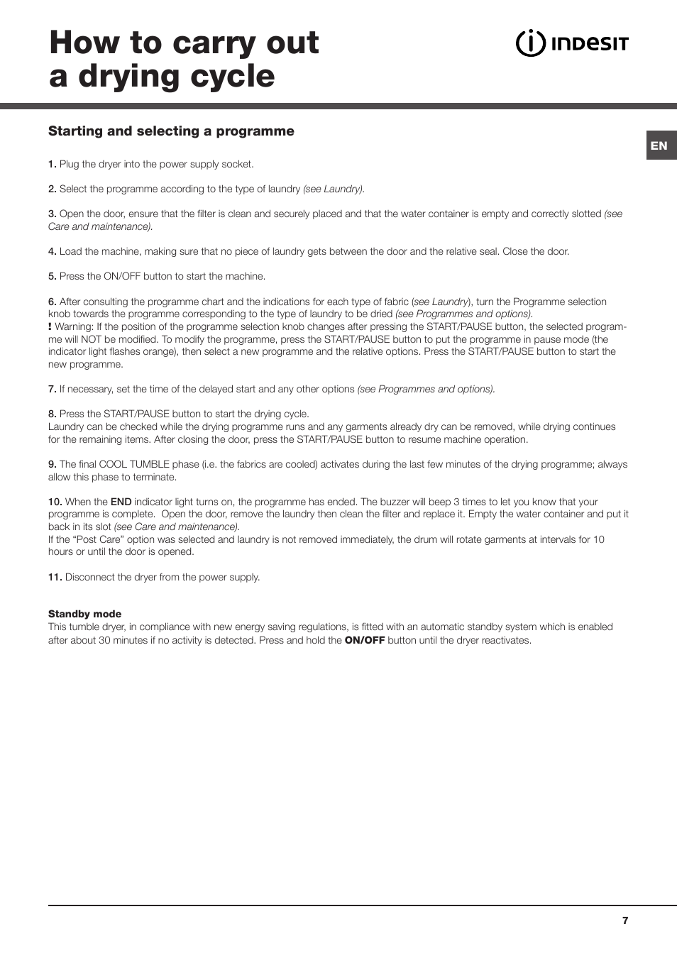 How to carry out a drying cycle | Indesit IDCA-735-B-(EU) User Manual | Page 7 / 80