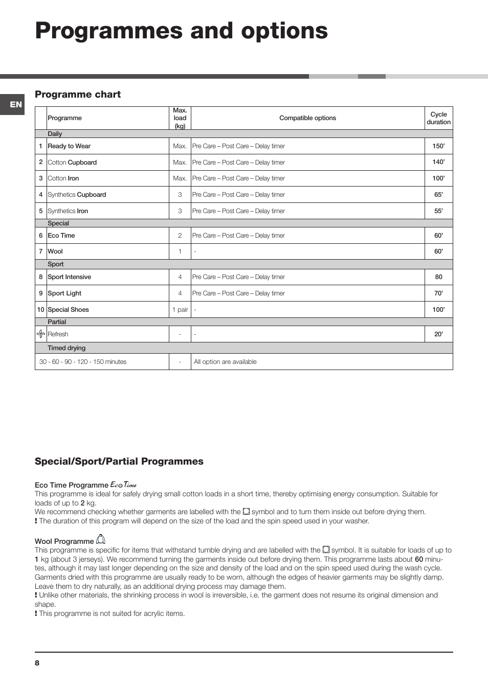 Programmes and options, Programme chart special/sport/partial programmes | Indesit IDCA-735-B-(EU) User Manual | Page 8 / 80