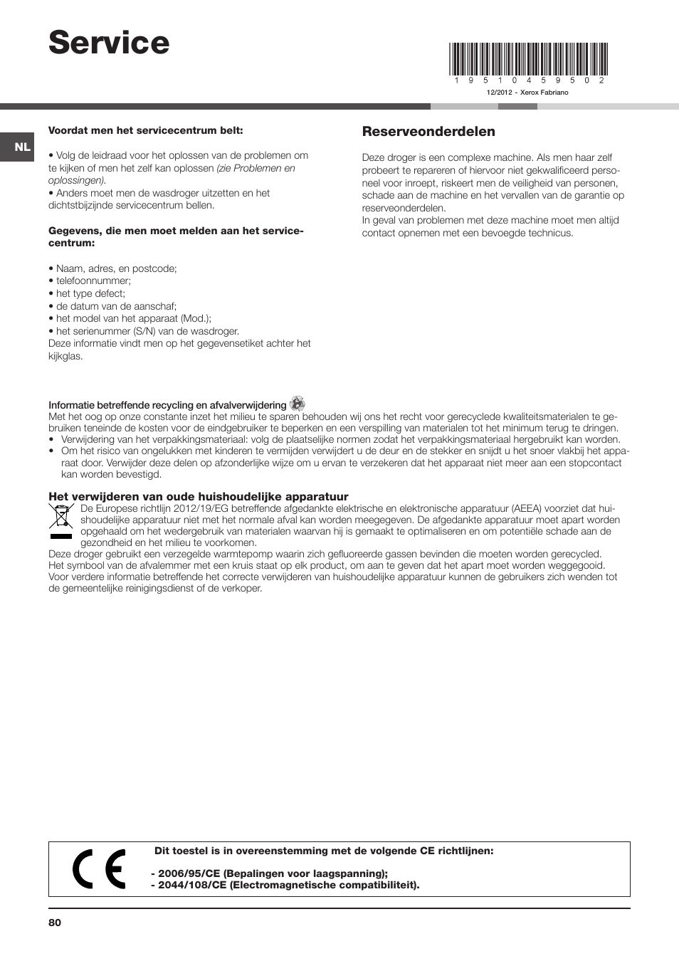 Service, Reserveonderdelen | Indesit IDCA-735-B-(EU) User Manual | Page 80 / 80