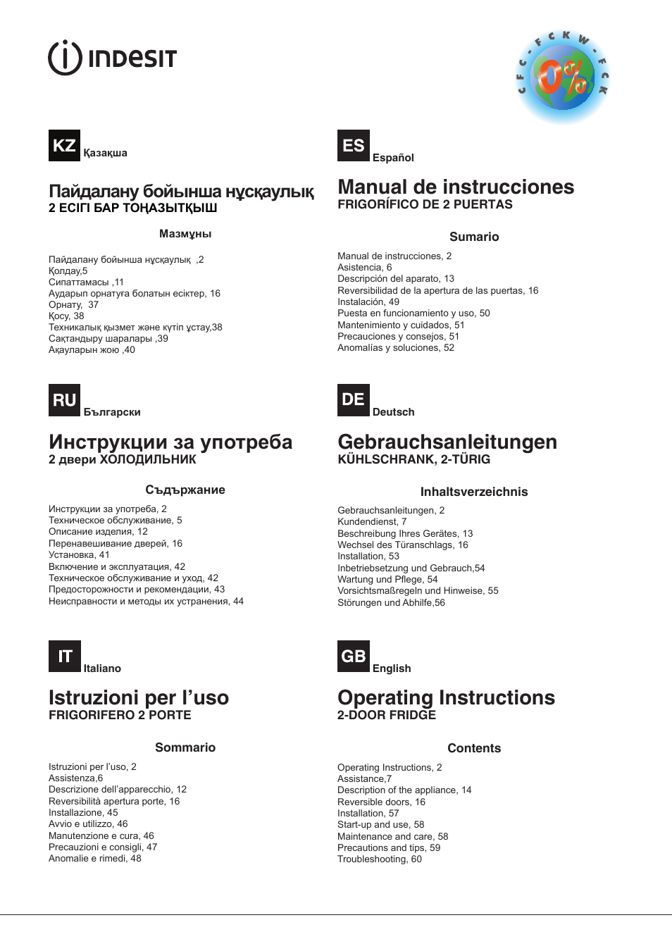 Istruzioni per l’uso, Manual de instrucciones, Gebrauchsanleitungen | Operating instructions, Пайдалану бойынша нұсқаулық | Indesit TAAN-5-V-NX User Manual | Page 2 / 72