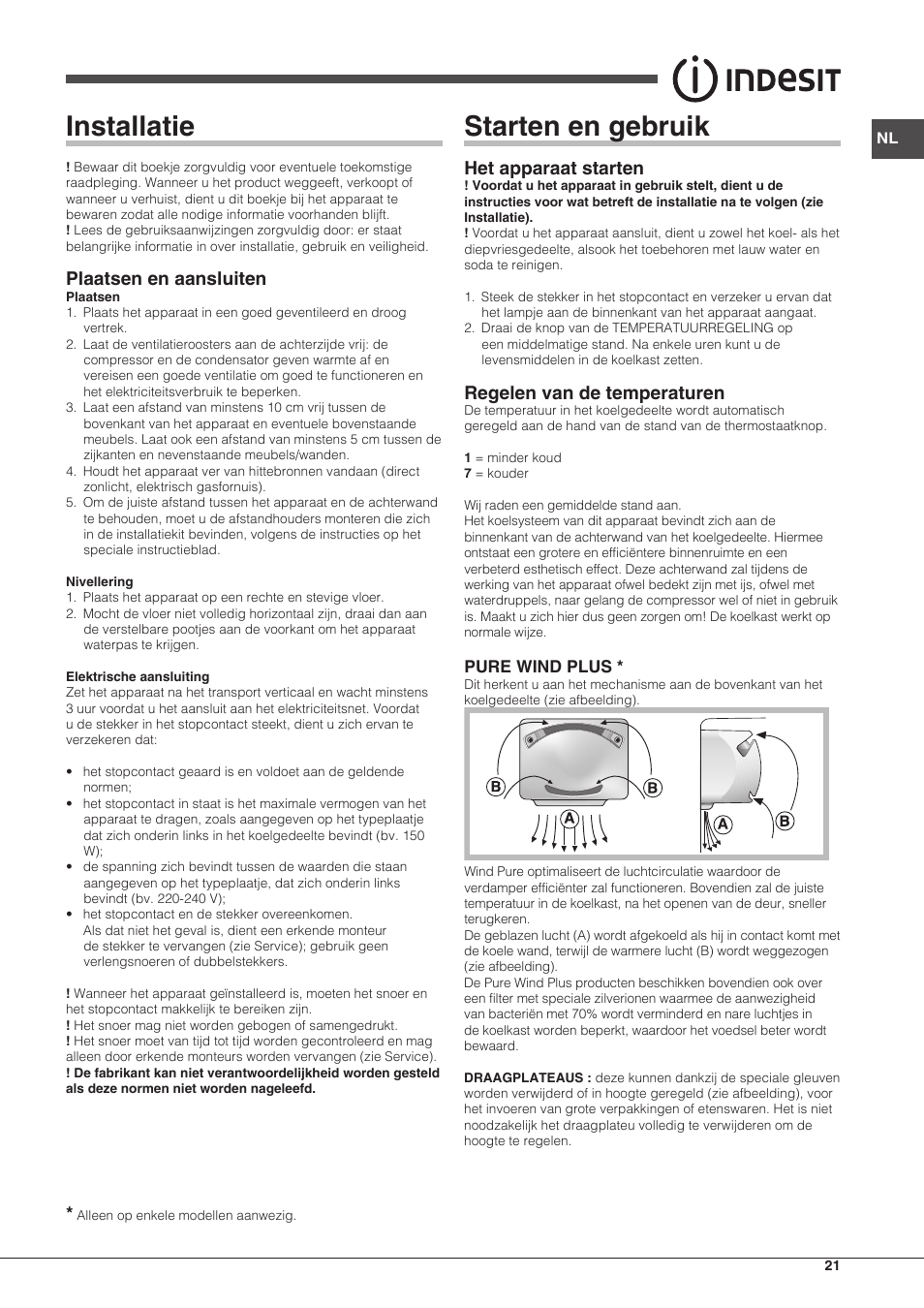 Installatie, Starten en gebruik, Plaatsen en aansluiten | Het apparaat starten, Regelen van de temperaturen | Indesit TAAN-5-V-NX User Manual | Page 21 / 72