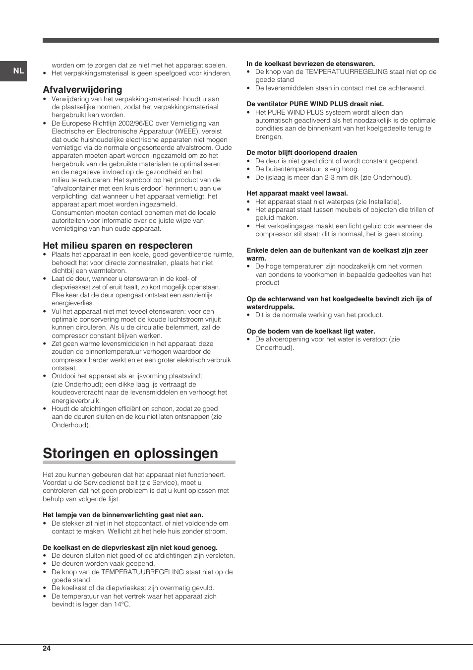 Storingen en oplossingen, Afvalverwijdering, Het milieu sparen en respecteren | Indesit TAAN-5-V-NX User Manual | Page 24 / 72