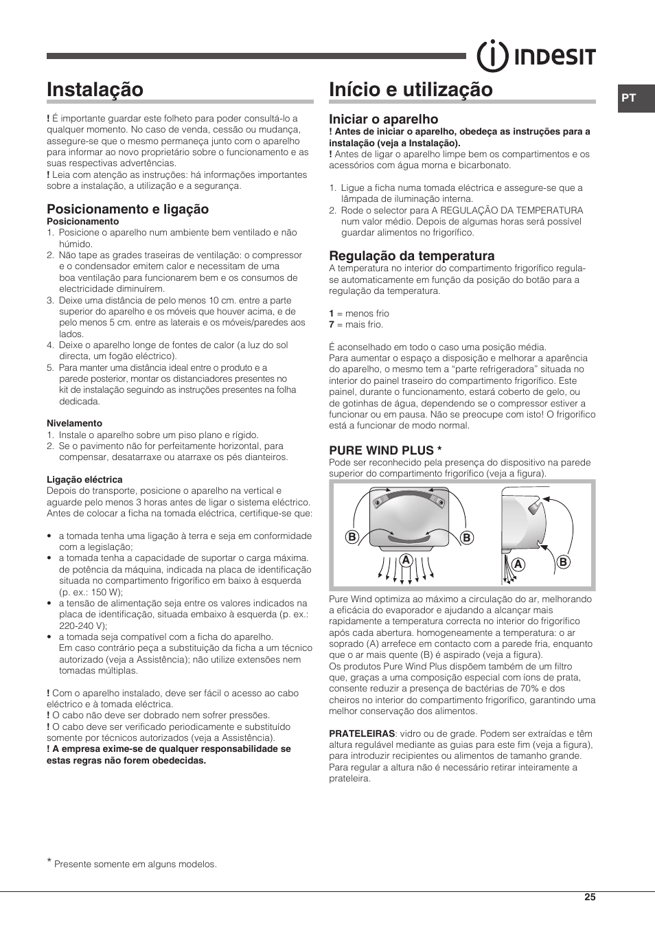 Instalação, Início e utilização, Posicionamento e ligação | Iniciar o aparelho, Regulação da temperatura | Indesit TAAN-5-V-NX User Manual | Page 25 / 72