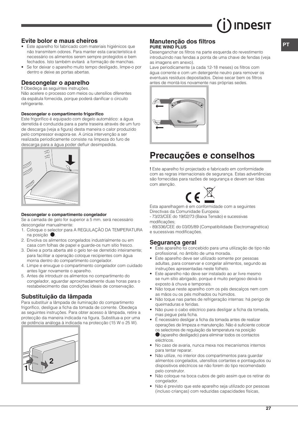 Precauções e conselhos, Evite bolor e maus cheiros, Descongelar o aparelho | Substituição da lâmpada, Manutenção dos filtros, Segurança geral | Indesit TAAN-5-V-NX User Manual | Page 27 / 72