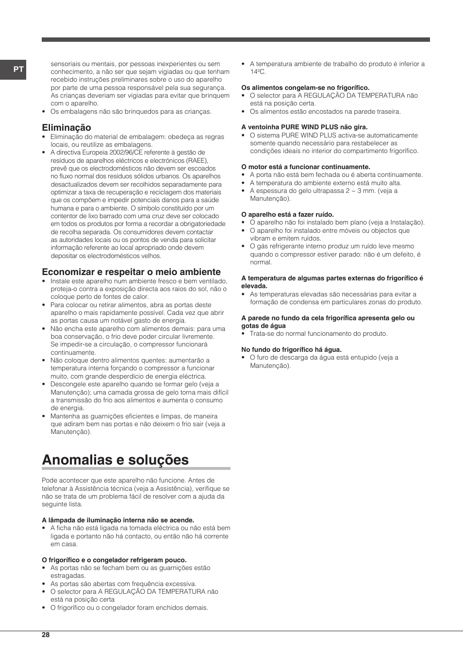 Anomalias e soluções, Eliminação, Economizar e respeitar o meio ambiente | Indesit TAAN-5-V-NX User Manual | Page 28 / 72