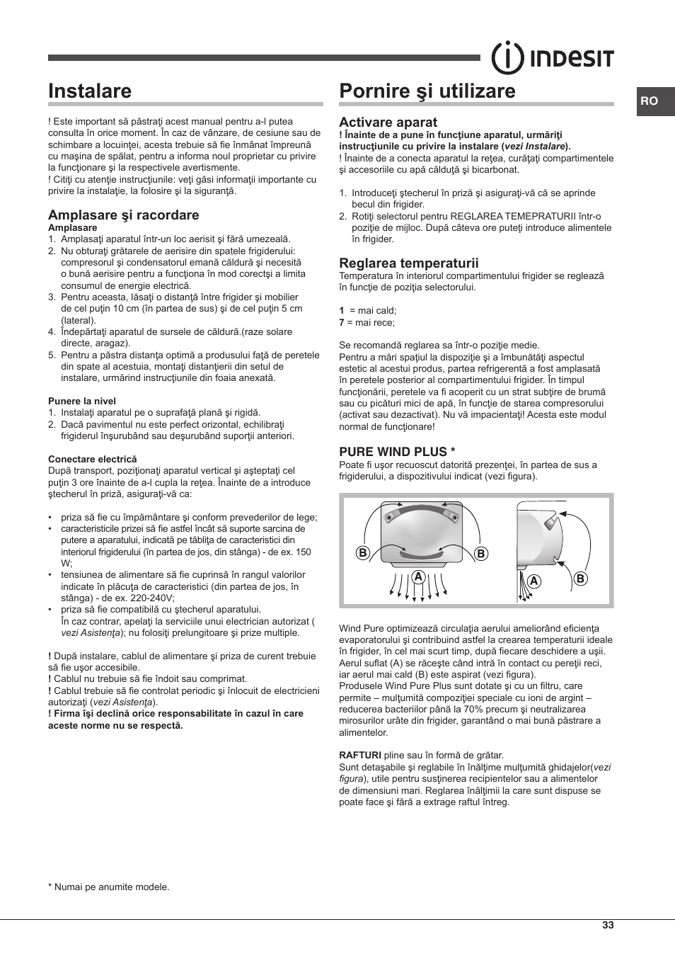 Instalare, Pornire şi utilizare, Amplasare şi racordare | Activare aparat, Reglarea temperaturii | Indesit TAAN-5-V-NX User Manual | Page 33 / 72