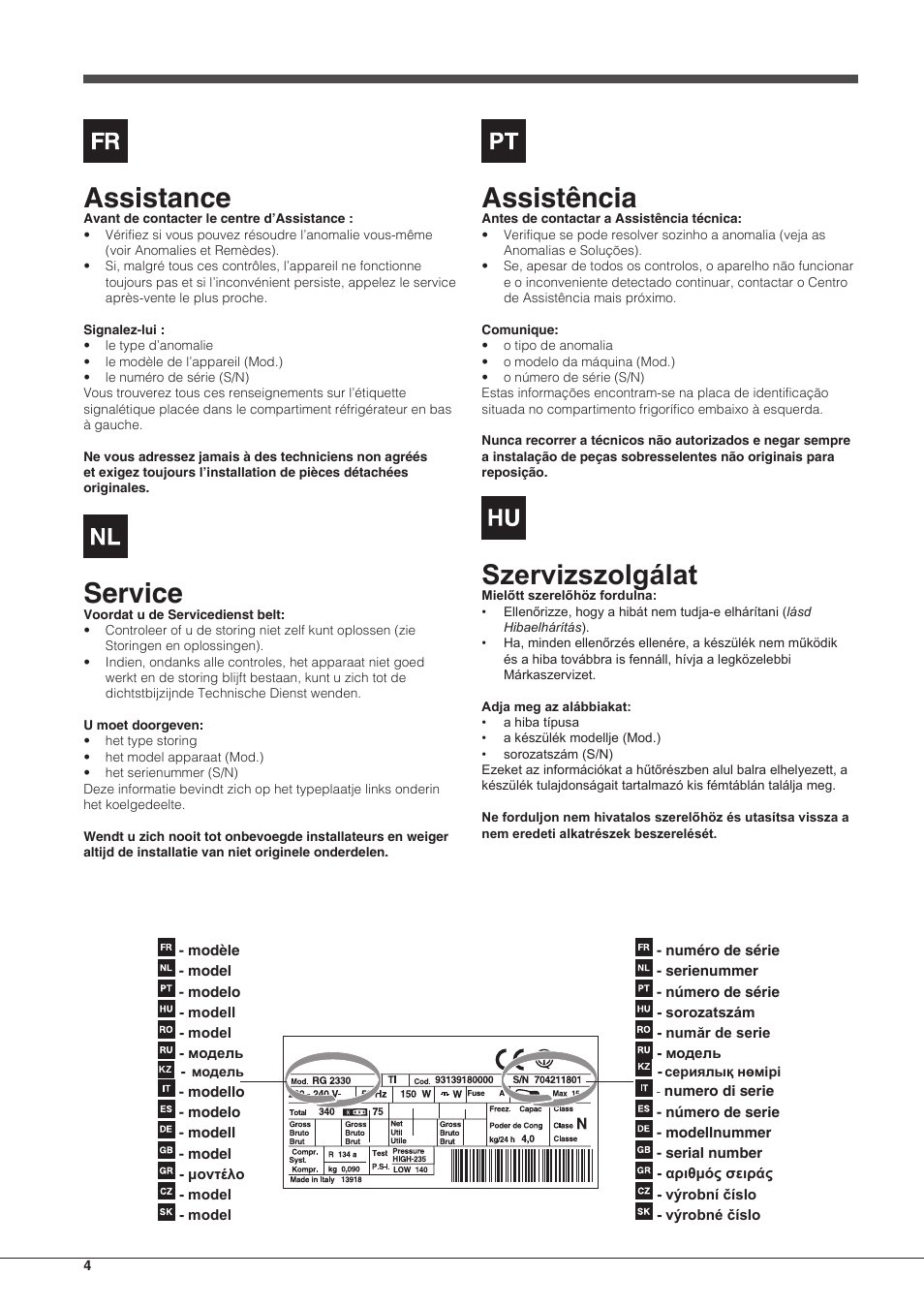 Assistance, Service, Assistência | Szervizszolgálat | Indesit TAAN-5-V-NX User Manual | Page 4 / 72