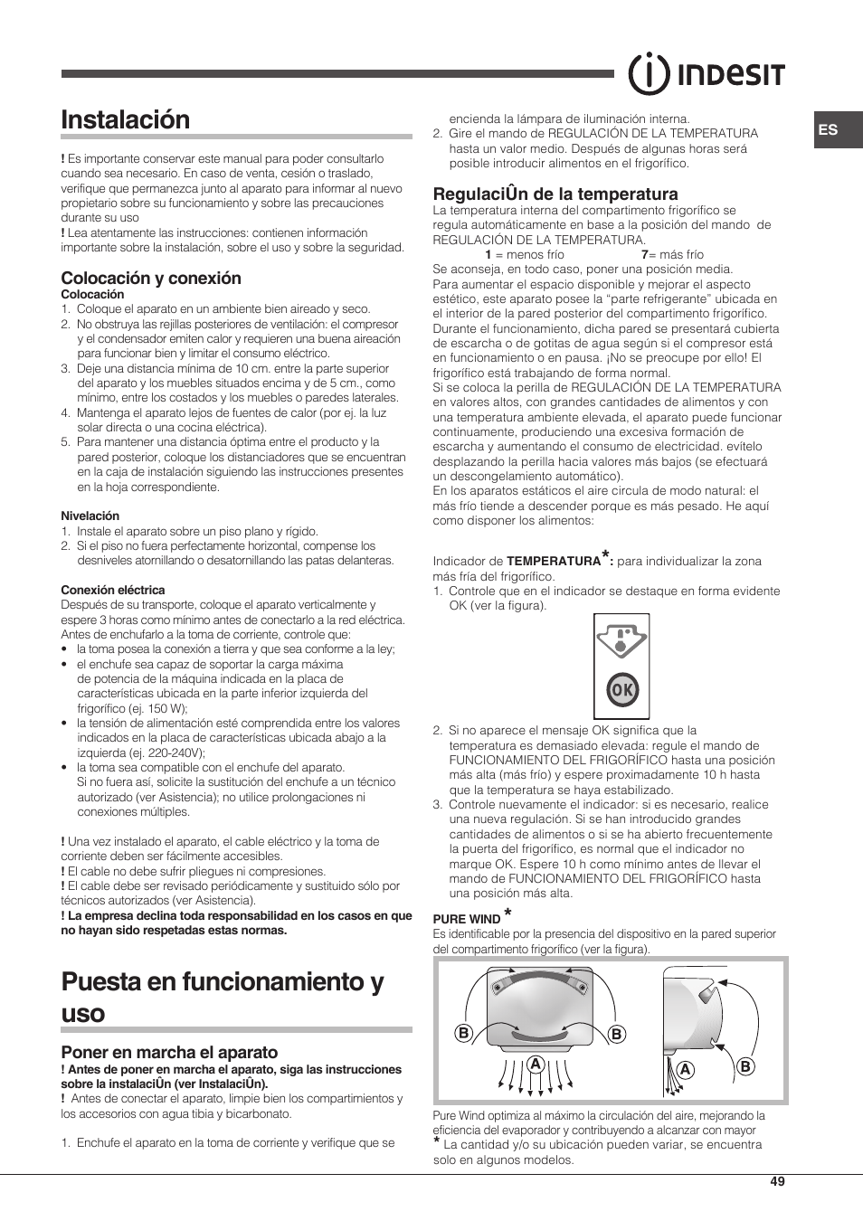 Instalación, Puesta en funcionamiento y uso, Colocación y conexión | Poner en marcha el aparato, Regulaciûn de la temperatura | Indesit TAAN-5-V-NX User Manual | Page 49 / 72